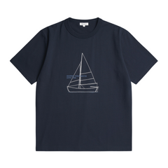 Holger Organic Boat Print T-Shirt - Dark Navy